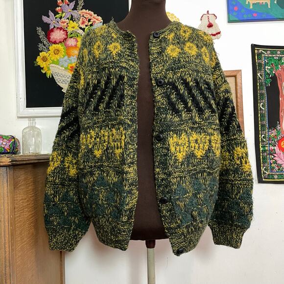 Vintage Green & Gold Grandpa Cardigan, 1970s Hand Knit Button Front Sweater Sz L - Picture 5 of 11